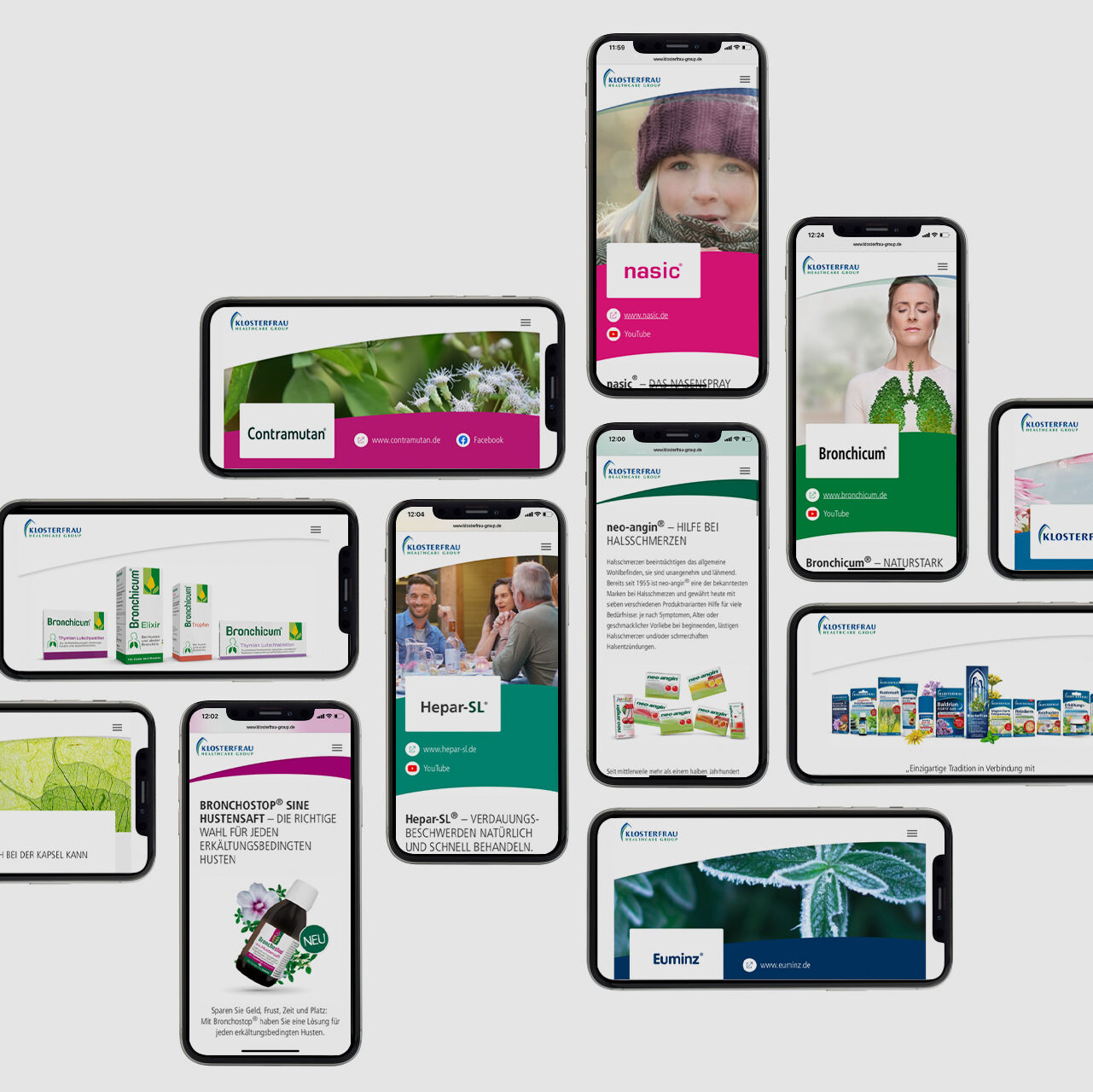 Ansichten der Website als Screens im Smartphone